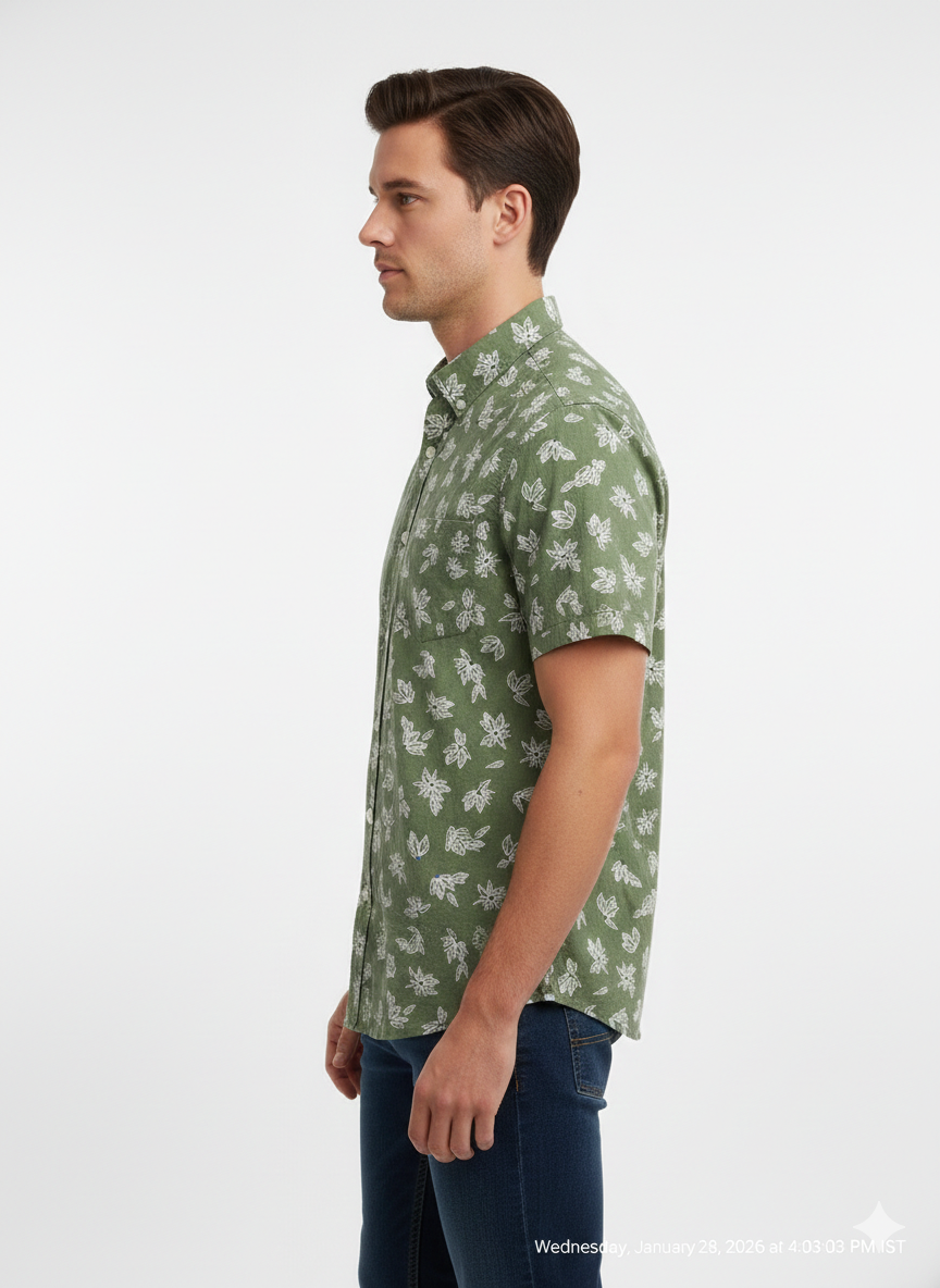 Frank And Oak Men's Green Leaf Print Premium Cotton Casual Half Sleeve Shirt