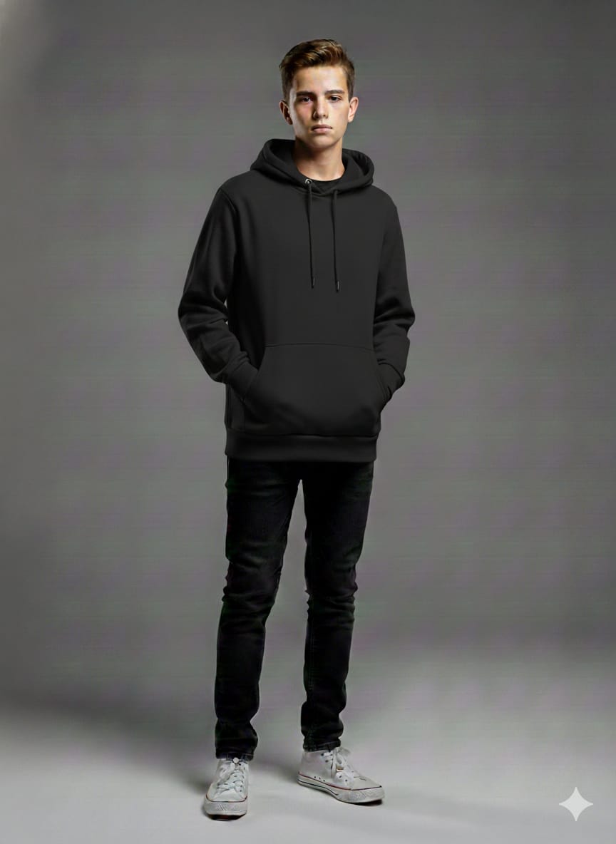 Title: Okayo Classic Essentials Hoodie – Jet Black / Urban Grey (Premium Export Surplus)