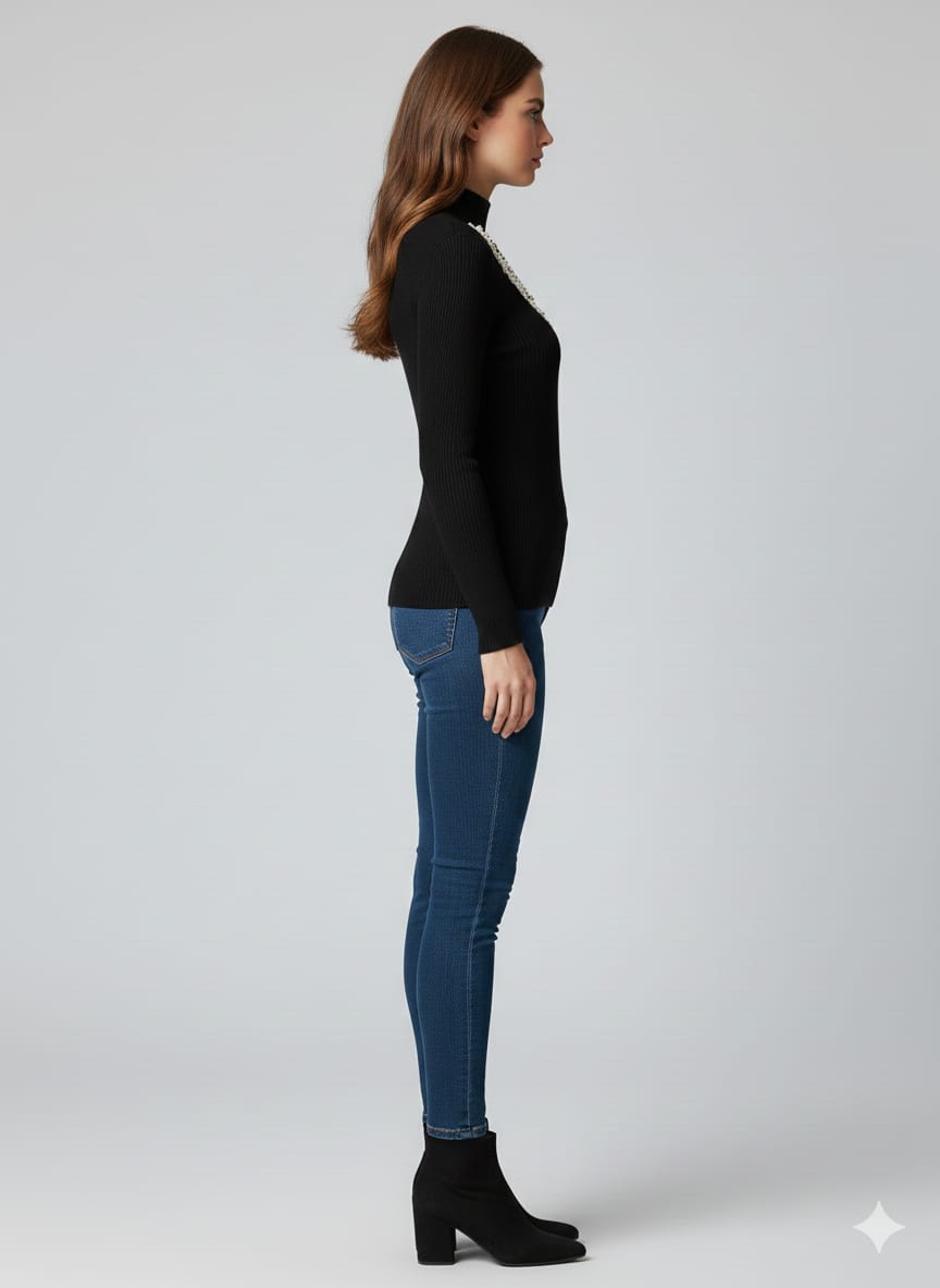 CAPSTREE Premium Black Pearl-Collar Ribbed Sweater - Elegant Winter Edition