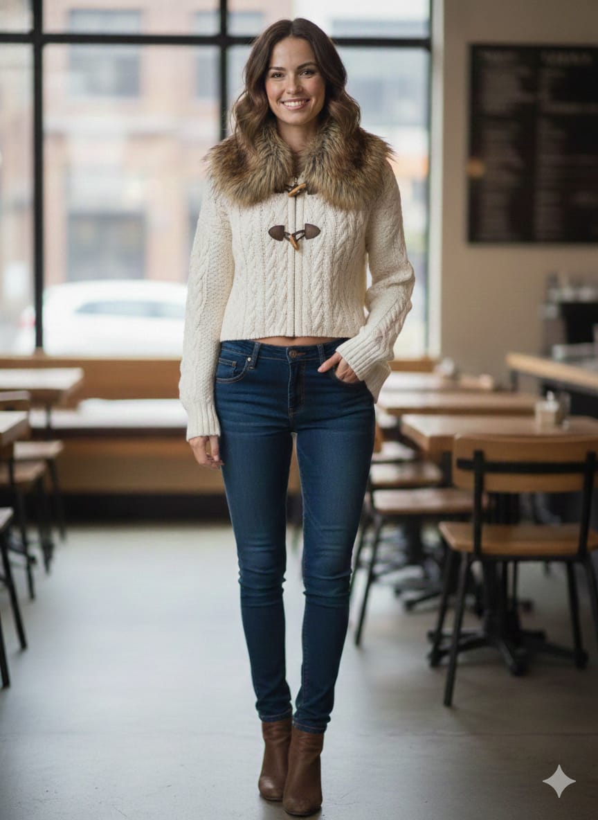 River Island™ Fur-Trimmed Vintage Cable Knit Cardigan – Winter Ivory Edition