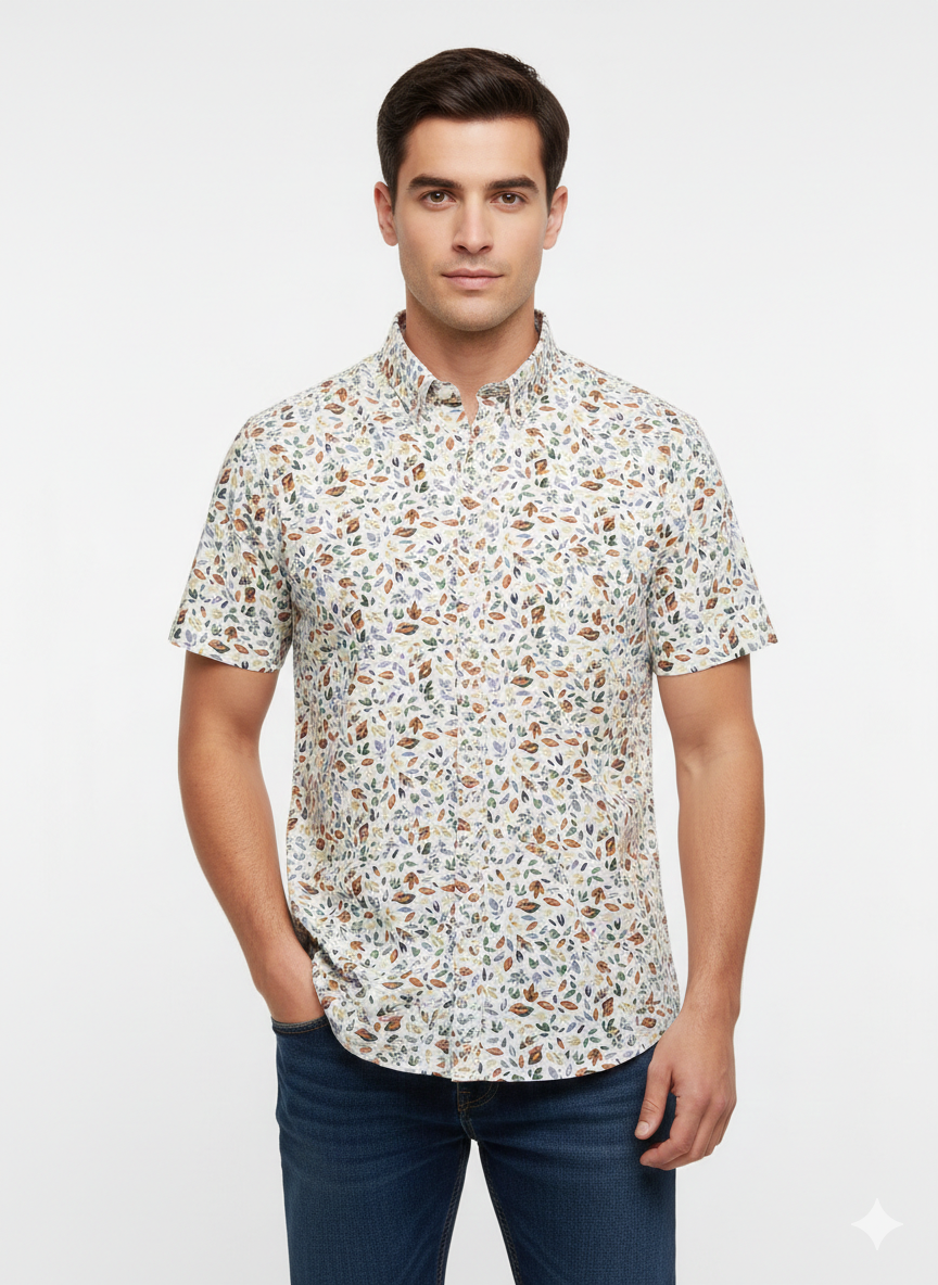 Denim & Flower Men's Multicolor Leaf Print Cotton Casual Half Sleeve Shirt