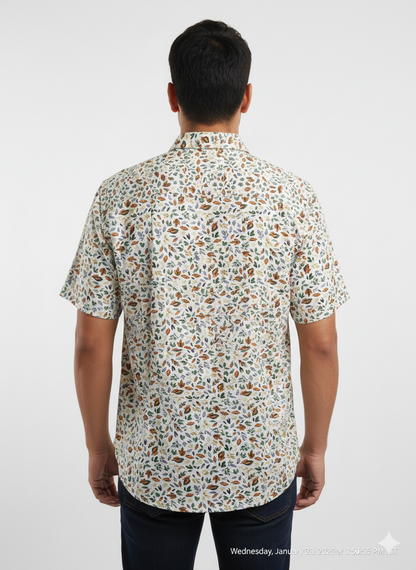 Denim & Flower Men's Multicolor Leaf Print Cotton Casual Half Sleeve Shirt