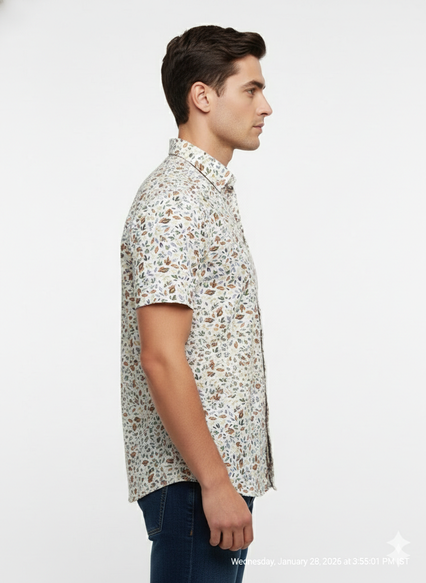 Denim & Flower Men's Multicolor Leaf Print Cotton Casual Half Sleeve Shirt