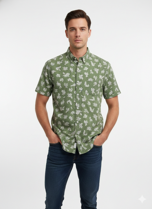 Frank And Oak Men's Green Leaf Print Premium Cotton Casual Half Sleeve Shirt