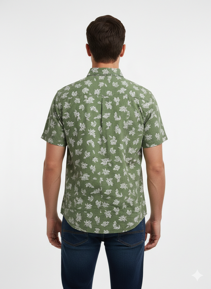 Frank And Oak Men's Green Leaf Print Premium Cotton Casual Half Sleeve Shirt