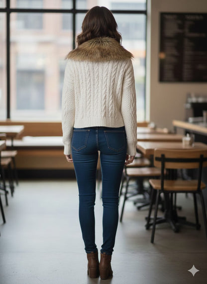 River Island™ Fur-Trimmed Vintage Cable Knit Cardigan – Winter Ivory Edition