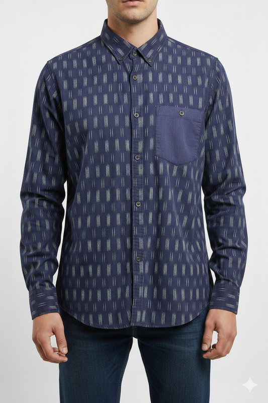 Authentic Vintage 21 Men "Azure Tribal" Geometric Ikat Print Cotton Shirt