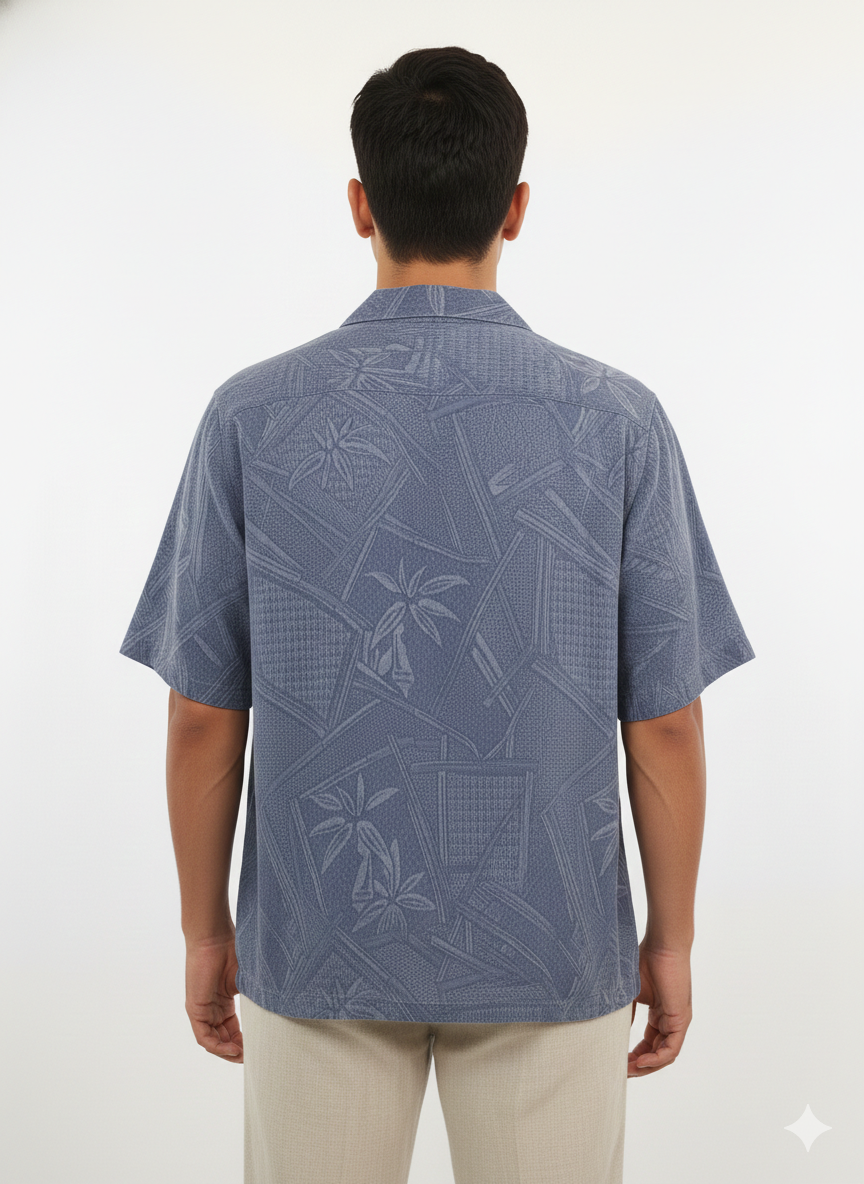 Authentic Vintage Jamaica Jaxx "Authentic Island Style" Embossed Silk-Blend Blue Shirt