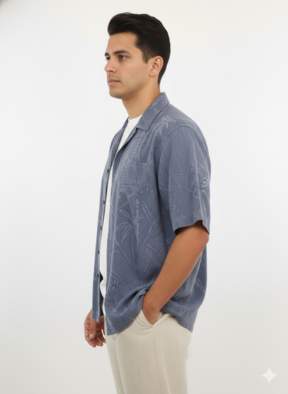 Authentic Vintage Jamaica Jaxx "Authentic Island Style" Embossed Silk-Blend Blue Shirt