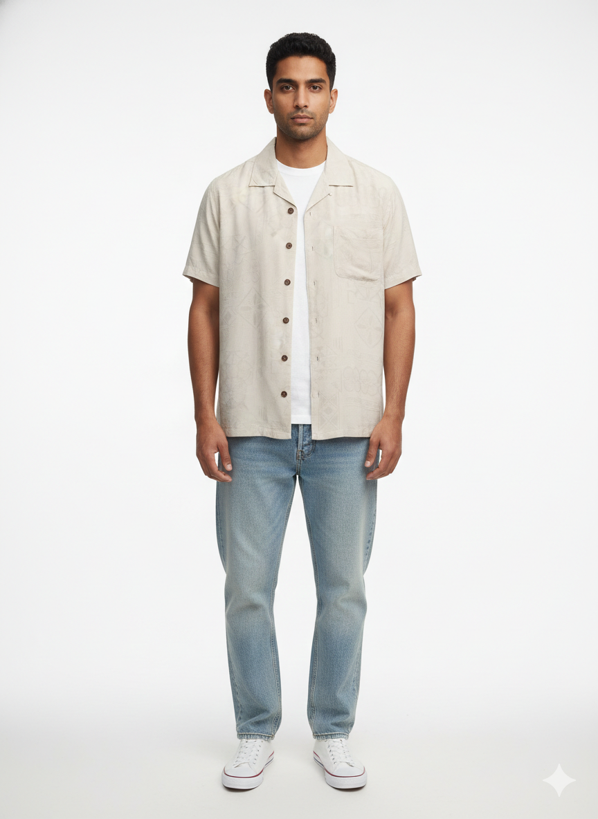 Authentic Vintage Havana Jack's Café "Island Breeze" Embossed Cream Silk-Blend Shirt