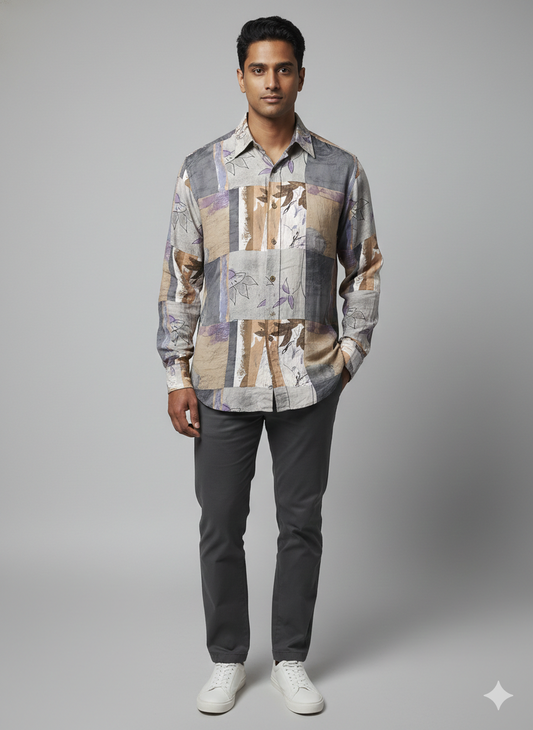 Authentic Vintage "Abstract Earth" Patchwork Print Long Sleeve Silk-Feel Shirt