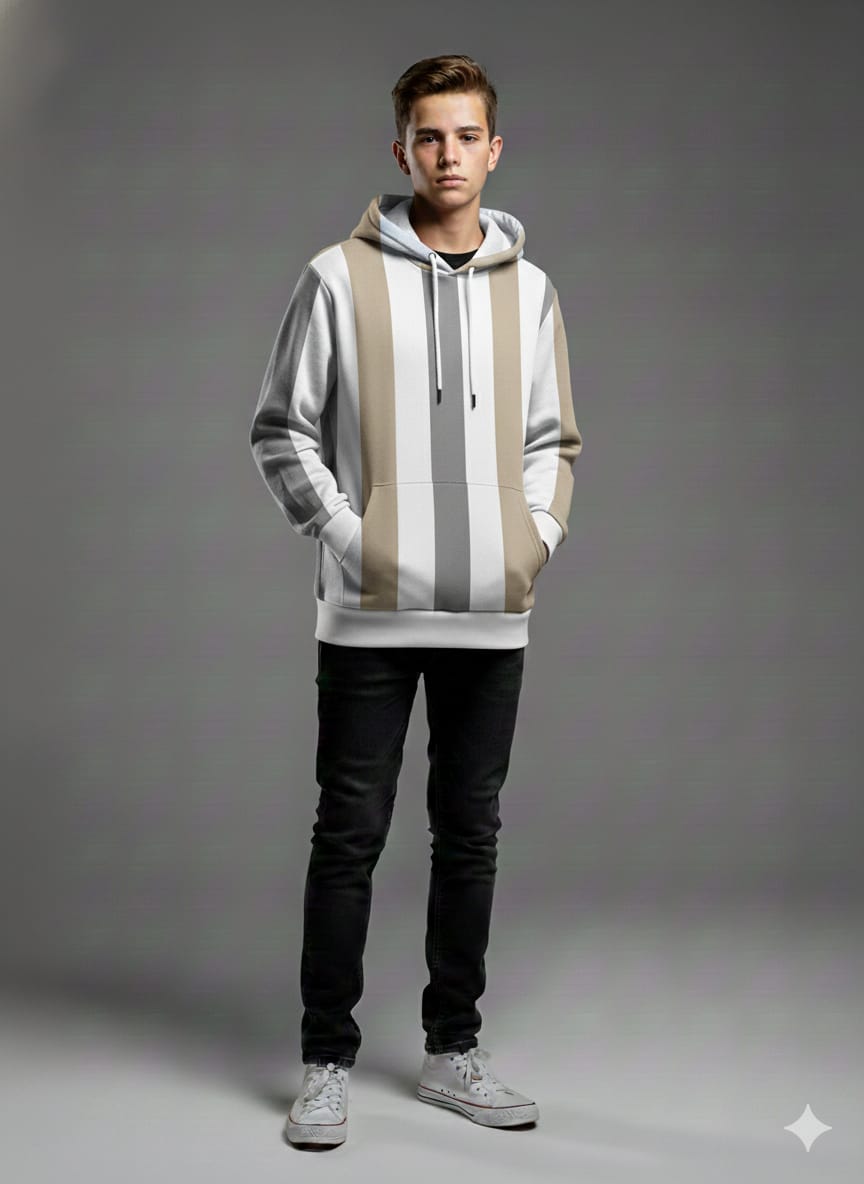 Denim flower by Ricky Singh Urban Striped Hoodie – Beige & Grey Edition (Premium Export Surplus