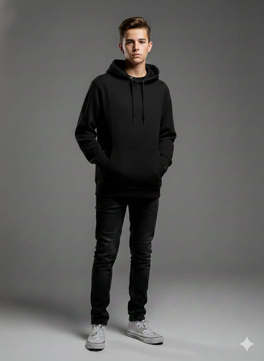 Title: Okayo Classic Essentials Hoodie – Jet Black / Urban Grey (Premium Export Surplus)