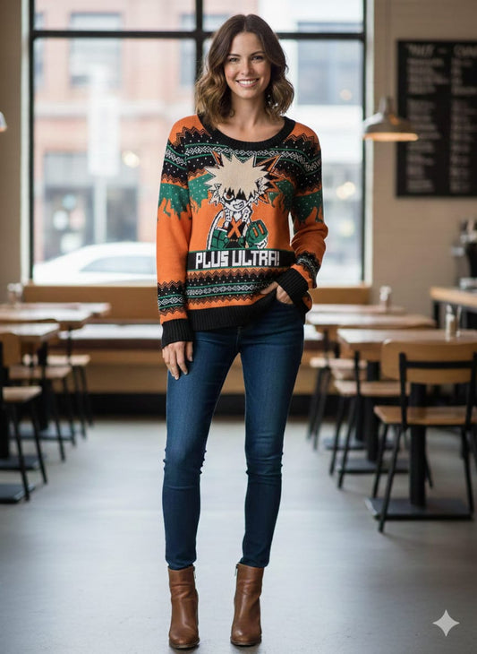 BoxLunch Exclusive: My Hero Academia Katsuki Bakugo "Plus Ultra" Knitted Holiday Sweater