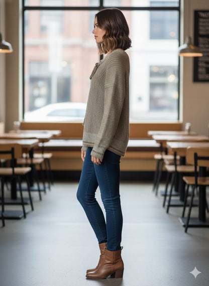 Free People Exclusive: Women's Textured Cable Knit Lace-Up Sweater - Olive Earth Tone