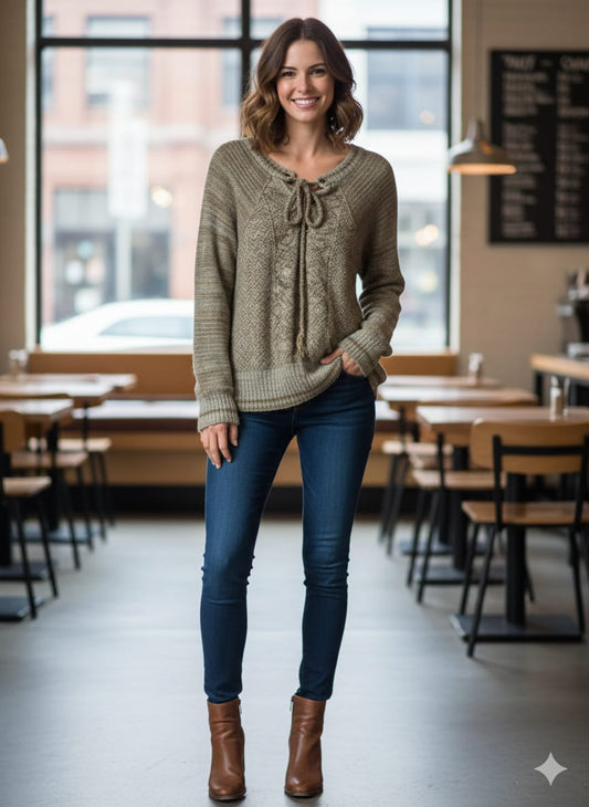 Free People Exclusive: Women's Textured Cable Knit Lace-Up Sweater - Olive Earth Tone