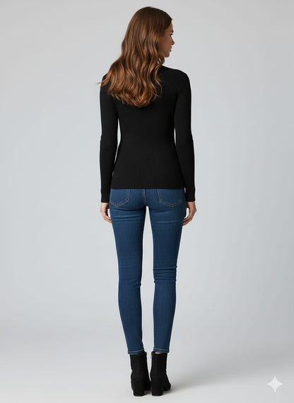 CAPSTREE Premium Black Pearl-Collar Ribbed Sweater - Elegant Winter Edition