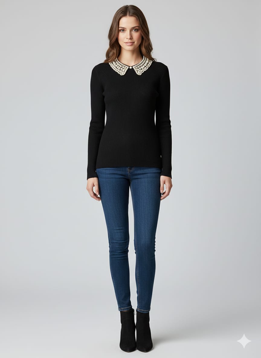 CAPSTREE Premium Black Pearl-Collar Ribbed Sweater - Elegant Winter Edition
