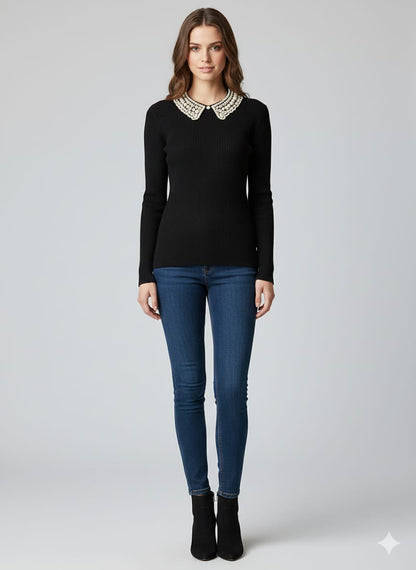 CAPSTREE Premium Black Pearl-Collar Ribbed Sweater - Elegant Winter Edition