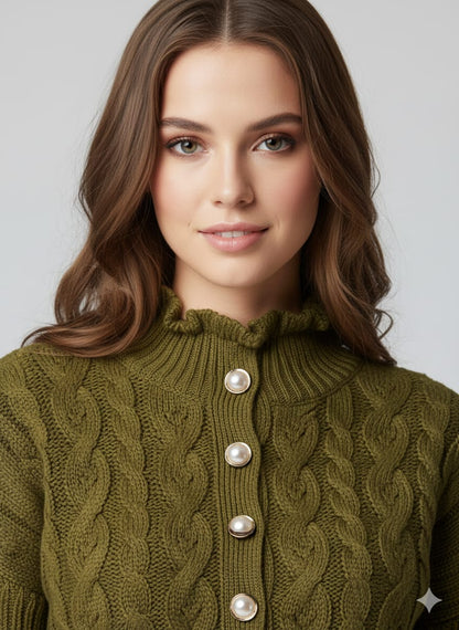 CAPSTREE Premium Olive Green Cable-Knit Henley Sweater - Boho Winter Edition