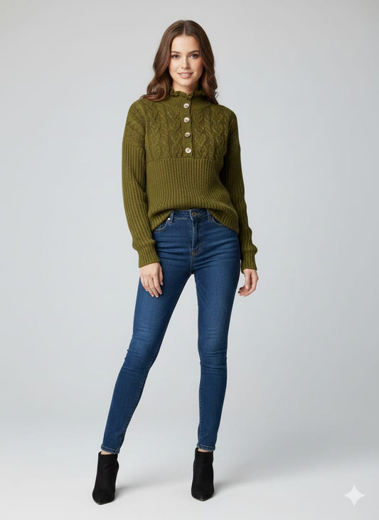 CAPSTREE Premium Olive Green Cable-Knit Henley Sweater - Boho Winter Edition