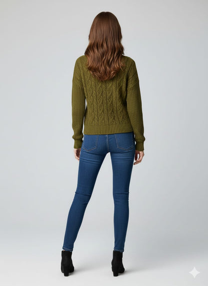 CAPSTREE Premium Olive Green Cable-Knit Henley Sweater - Boho Winter Edition