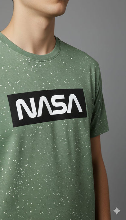CAPSTREE Premium Men's NASA Printed Cotton T-Shirt - Sage Green Melange