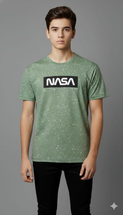 CAPSTREE Premium Men's NASA Printed Cotton T-Shirt - Sage Green Melange