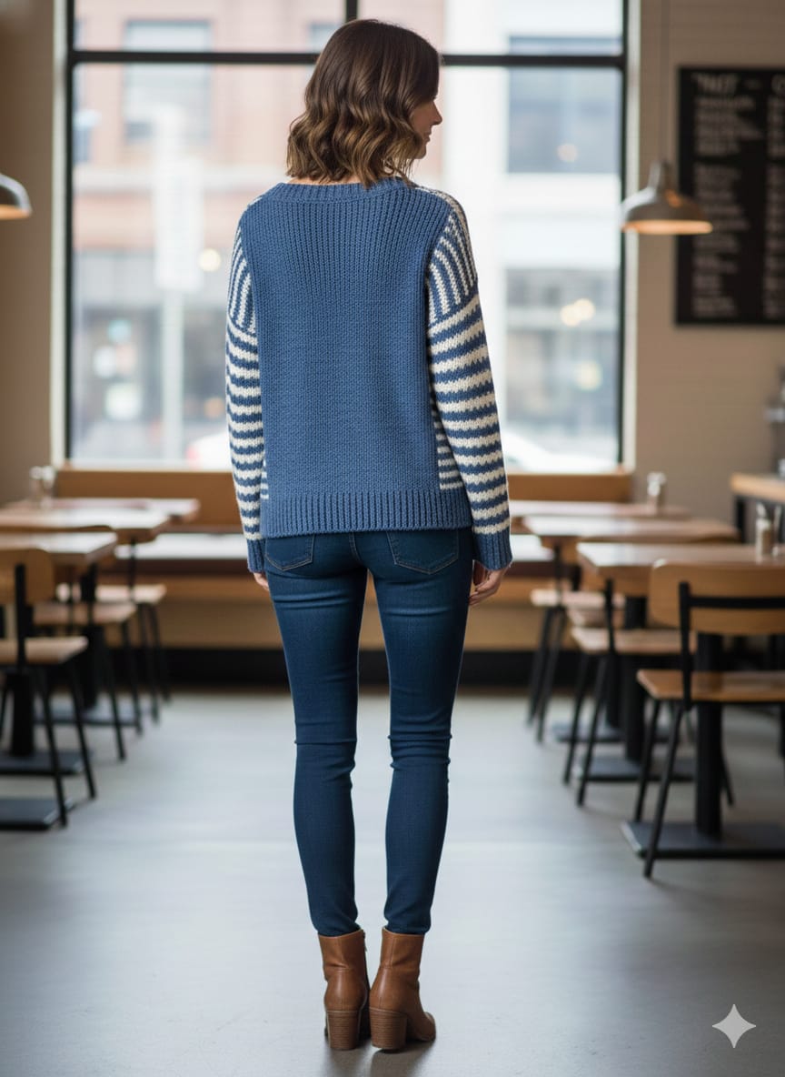 CAPS TREE Premium Women's Dual-Tone Striped Knit Sweater – Ivory & Ocean Blue