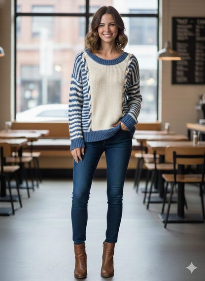 CAPS TREE Premium Women's Dual-Tone Striped Knit Sweater – Ivory & Ocean Blue