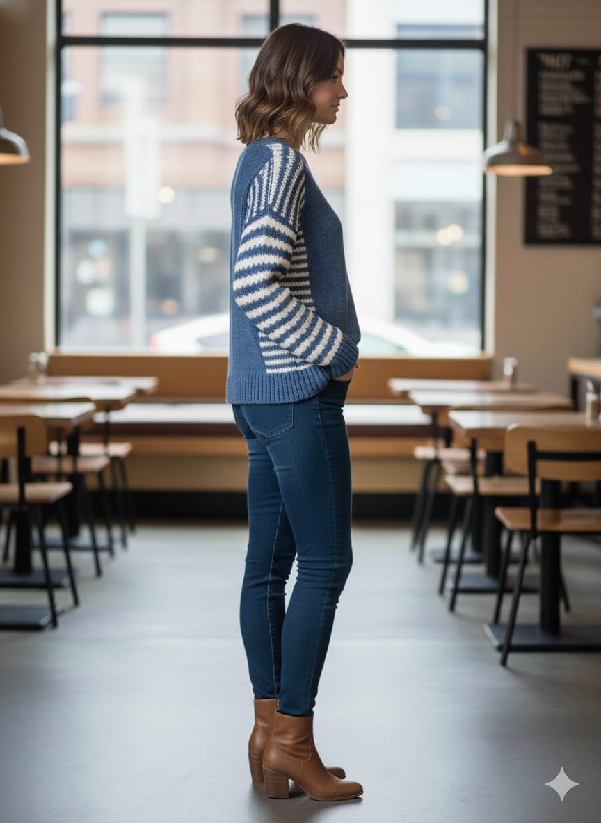 CAPS TREE Premium Women's Dual-Tone Striped Knit Sweater – Ivory & Ocean Blue