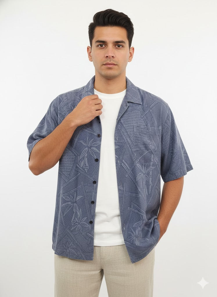 Authentic Vintage Jamaica Jaxx "Authentic Island Style" Embossed Silk-Blend Blue Shirt