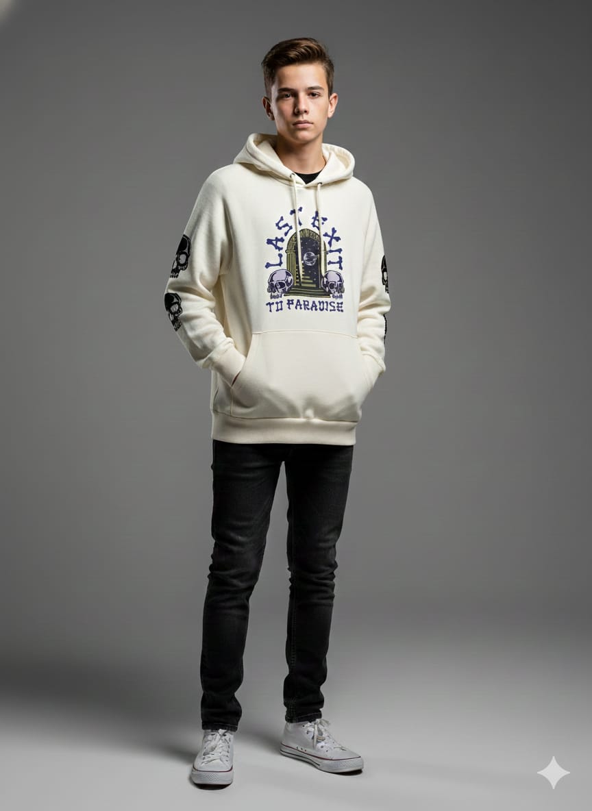 One Brand  Men’s "Last Exit to Paradise" Graphic Hoodie – Off-White (Premium Export Surplus)
