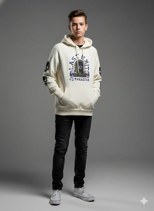 One Brand  Men’s "Last Exit to Paradise" Graphic Hoodie – Off-White (Premium Export Surplus)